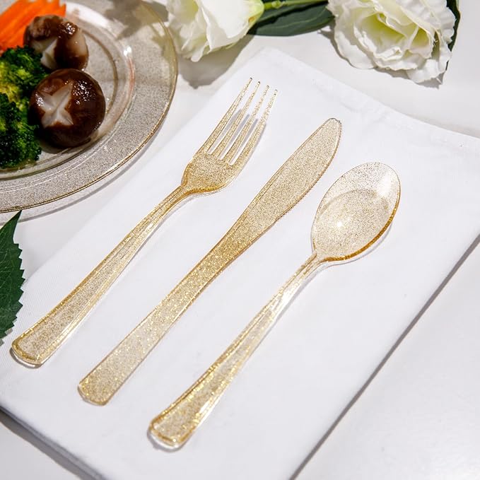 Supernal 300pcs Gold Glitter Plastic Silverware Set-Heavy Duty Disposable Gold Cutlery for Weddings, Parties Include 100 Forks, 100 Spoons & 100 Knives-Glitter Plastic Utensils for 100 Guests