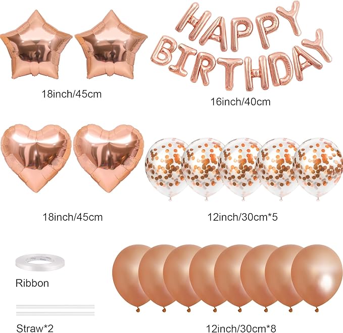 CANREVEL Happy Birthday Balloons Banner 16 Inch Mylar Foil Letters with Star & Heart Balloons Birthday Party Decorations for Men and Women - 30 Pcs Rose Gold