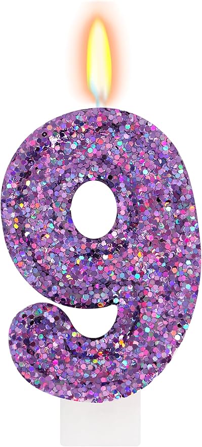 Deep Purple Glitter Birthday Candles for Girls - Number 9 Candle Cake Topper for Purple Fairy Birthday Party Decorations