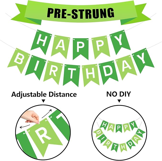 Pre-Strung Green Happy Birthday Banner Signs Party Decorations for Women Men Girls Boys
