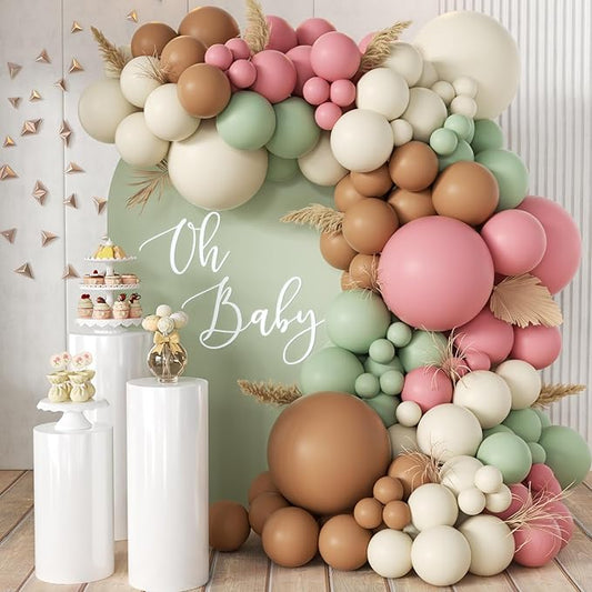 MEBAY Pink Green Brown White Balloon Garland Arch Kit, 166Pcs Blush Pink Pastel Green White Sand Tan Brown Boho Balloons for Baby Shower Birthday Wedding Safari Jungle Woodland Party Decorations