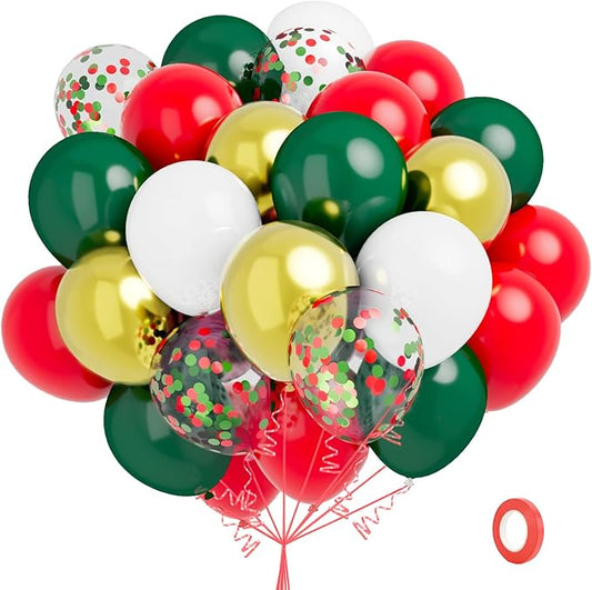 Red Green Gold White Balloons, 60 PCS Christmas Balloons, 12 Inch Latex Balloons Red Green Confetti Balloons Garland Kit for Christmas Xmas Birthday Baby Shower Graduation New Year Party Decorations