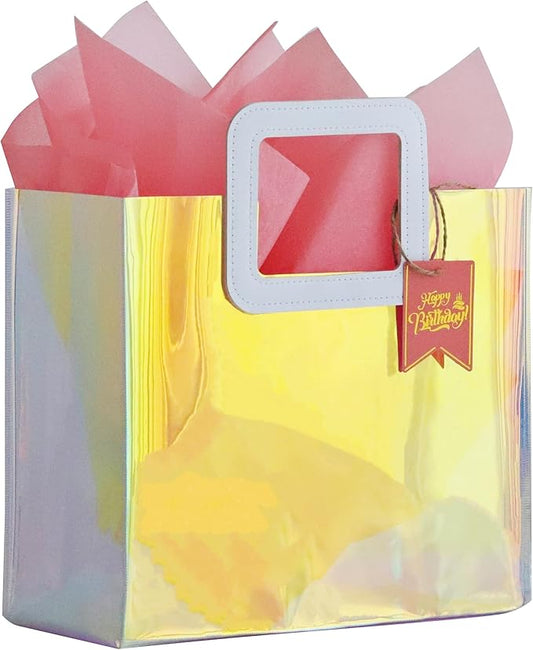 11'' Holographic Medium Birthday Gift Bag with Tissue Paper and Happy Birthday Gift Tag for Women Girls Mother (M- Glossy Coral)