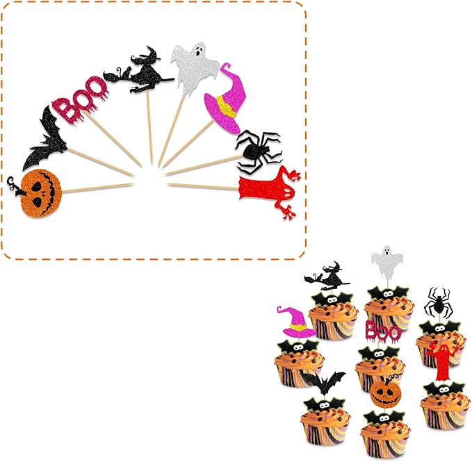 Glitter Happy Halloween Cupcake Toppers including Pumpkin Boo Ghost Hat Witch Spider Bat Food sticks Decorations for Halloween Themed Kids Birthday Party -40PCS