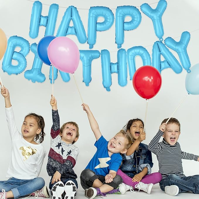 Light Blue Happy Birthday Balloons Banner 16 Inch Mylar Foil Letters
