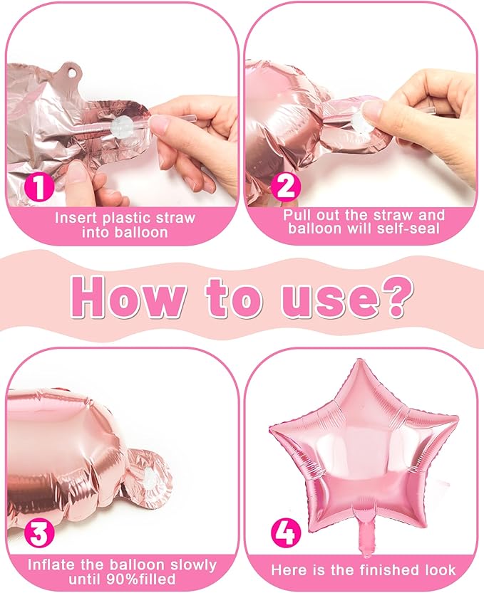 Lutoys Pink Happy Birthday Party Decorations, Happy Birthday Banner, Pink Foil Heart Star Confetti Balloons Curtain Backdrop Hanging Swirls Butterfly Party Decor for Girls Women Princess
