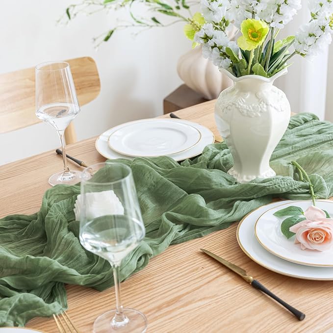 Asee'm 3pcs Cheesecloth Table Runner 120 Inches Sage Green Boho Gauze Cheese Cloth Runner 10FT Rustic Sheer Table Runners for Summer Wedding Baby Shower Holiday Party Decoration
