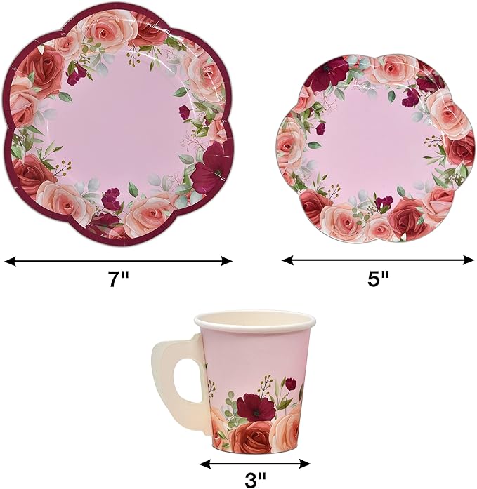 96 Pcs Floral Tea Party Supplies for 24 Disposable Tea Party Cups with Handle 7??5??Floral Paper Plates Paper Napkins for Birthday Bridal Shower