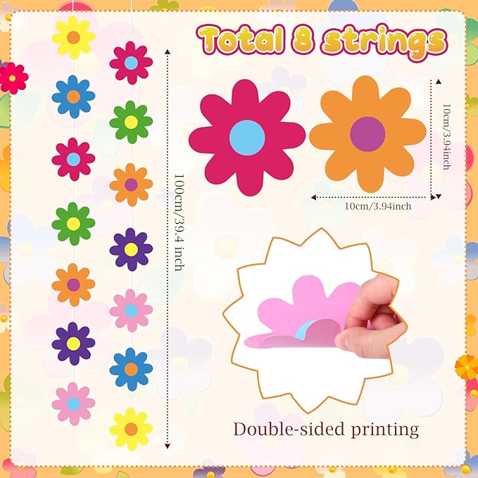 Pasimy 8 Pcs Daisy Boho Party Decorations Groovy Daisy Paper Garlands White Flower Hanging Garland Banner Hippie Flower Cutouts for Birthday Shower Wedding Party Favor Supplies(Tie Dye,Colorful)
