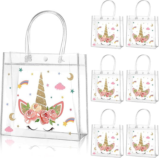 Aliceset 20 Pcs Unicorn Clear Favor Bags with Handles Plastic Treat Pink Unicorn Rainbow Goodie Bags for Birthday Party Supplies Candy, 8 x 8 x 3.15 Inch