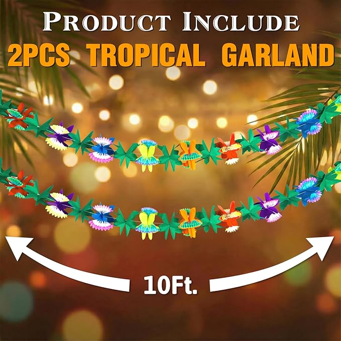 FUTUREPLUSX 2 Pack Tropical Garland Party Decorations, 20ft Multicolored Tissue Paper Hibiscus Flower Summer Banner for Beach Theme Luau Hawaiian Party Supplies Jungle Birthday Decor