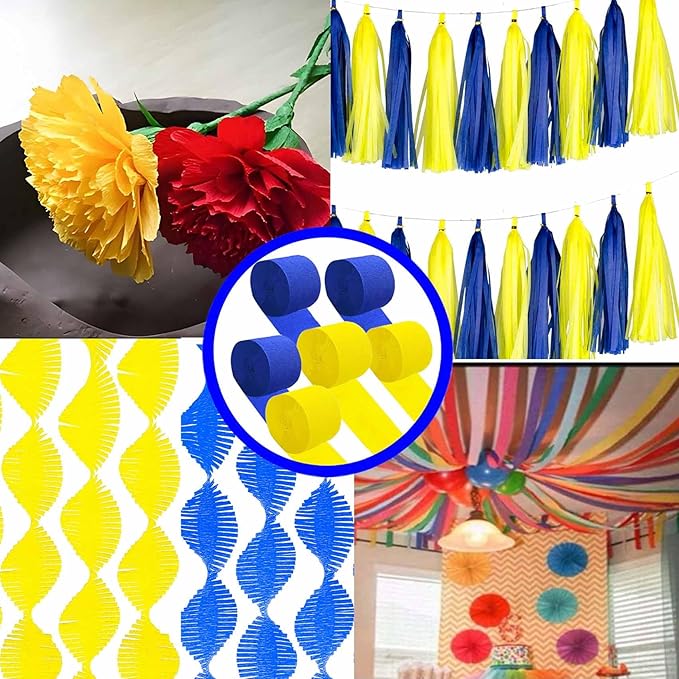 Yellow and Blue Crepe Paper 6 Pcs Streamers for Party Decorations, Birthday Wedding DIY Crafts, Gift Wrapping Supplies