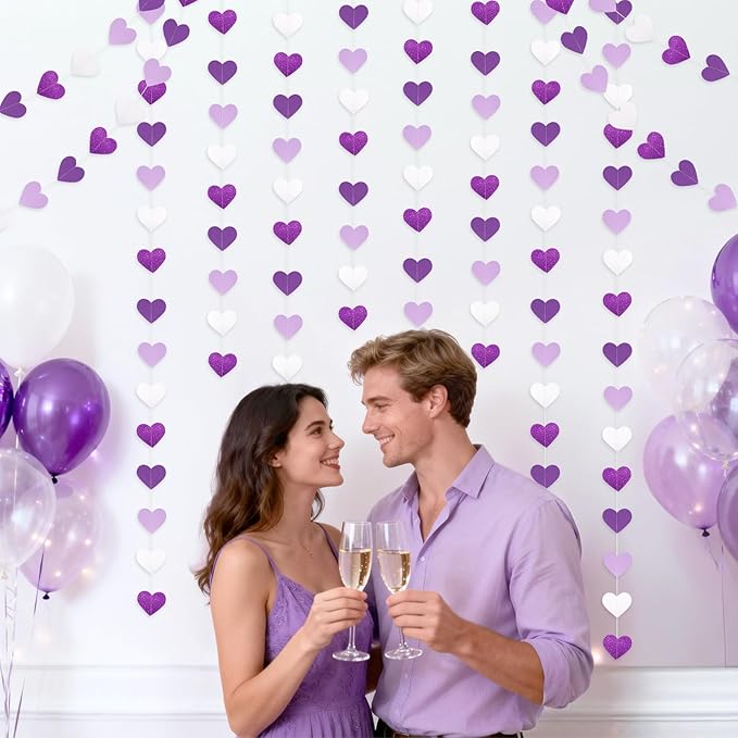 GCQQ Purple Heart Garland - 52Ft/16M Purple and White Lavender Party Decorations 4 Packs Glitter Hanging Heart Streamers for Birthday Wedding Baby Bridal Shower Bachelorette Party Backdrop Décor