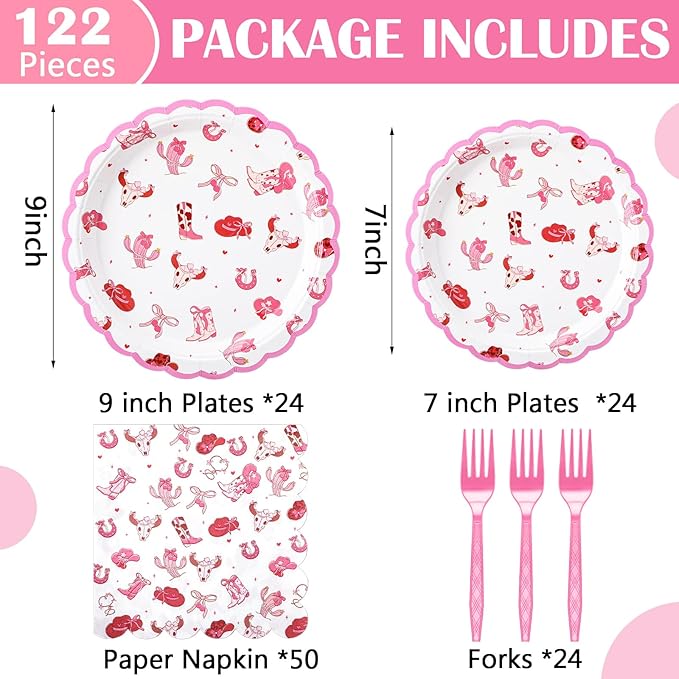 AmazingSpark 122 Pcs Pink Cowgirl Birthday Party Supplies Western Cowgirl Plates Napkins and Fork Disposable Bowknot Rodeo Tableware Set for Girls Baby Shower Wedding Bachelorette Decoration, Serve 24