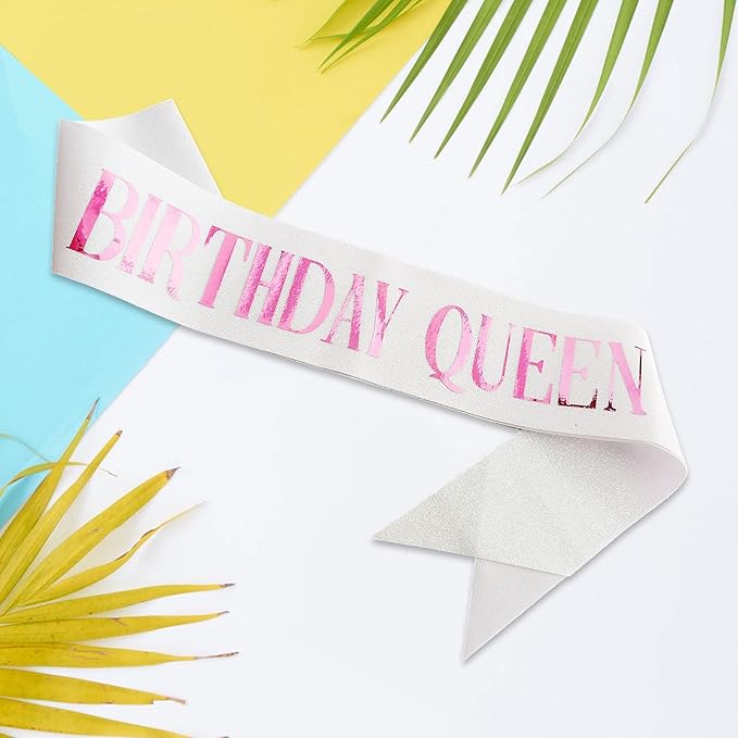 Birthday Queen Sash, Pink Foil Letter Glitter White Birthday Sash for Women 21st 30th 40th 50th 60th Gifts Fun Bday Party Favors Decorations