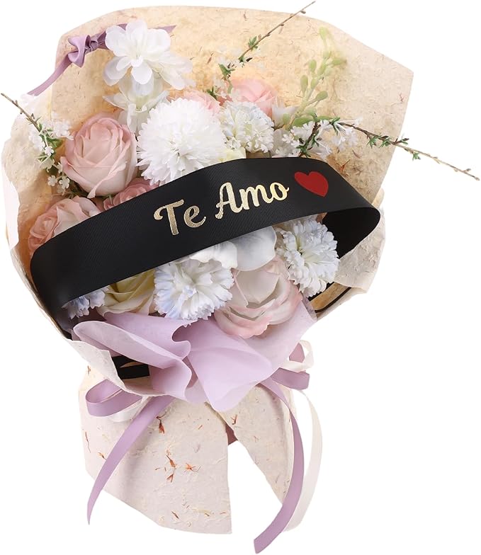 Set of 12 Bouquet Banner Grosgrain Ribbon Tie Wrap Printed Sash Florist Bulk Supply for Floral Arrangements (Black/RED Heart - TE AMO)