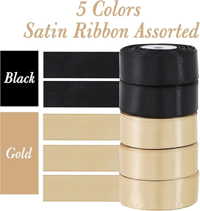 TONIFUL 1 Inch 5 Rolls Black Gold Ribbon, Graduation Satin Ribbon for Gifts Wrapping, Flower Bouquets, Bows Making, Crafts, Birthday, Graduation Leis, Christmas Party Decorations(25 Yards/Roll