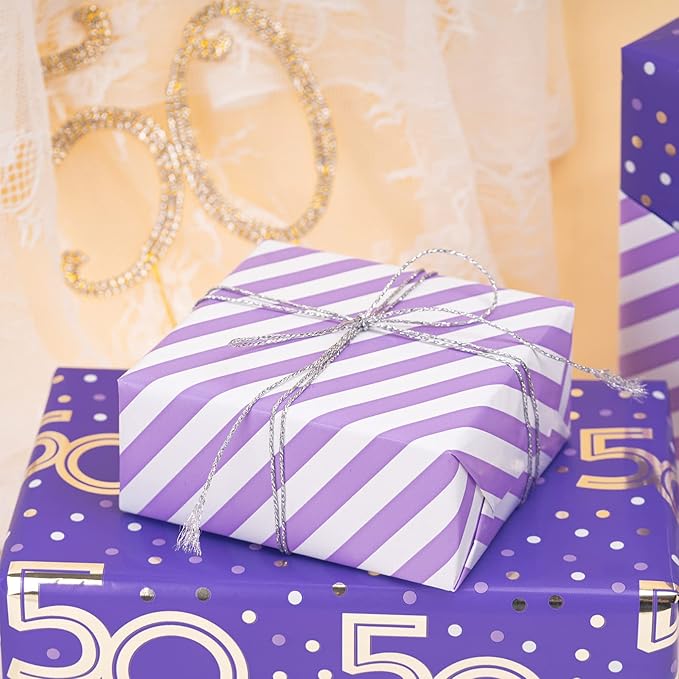 MAYPLUSS Reversible Birthday Wrapping Paper Roll - Mini Roll - 17.3 Inch X 32.8 Feet - Purple 50th Birthday with Glitter Metallic Foil/Stripes (47.3 sq.ft.ttl)