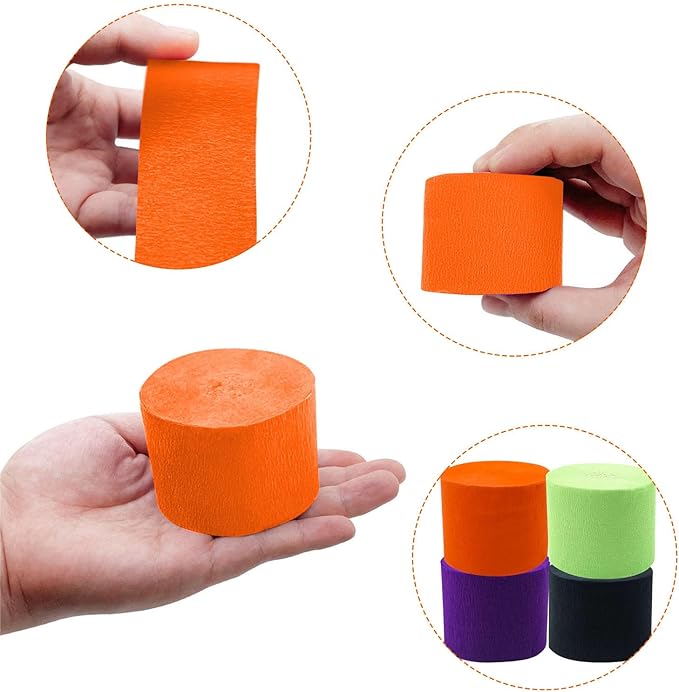 PheiLa Halloween Party Supplies, 4 Rolls Orange Black Purple Green Crepe Paper Streamers for Halloween DIY, Home Party Backdrop Decorations, 1.77 Inch x 82 Ft/Roll, 328ft