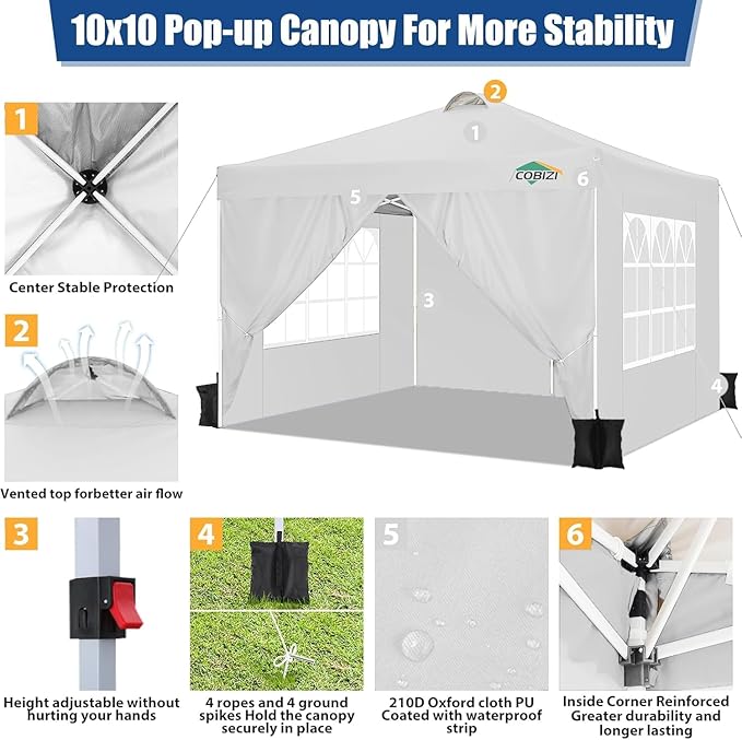 COBIZI 10x10 Pop Up Canopy Tent, One Push Outdoor Gazebo with 4 Removable Sidewalls & Air Vent, Waterproof Commercial Easy Up Adjustable Canopy with 4 Sandbags, 4 Stakes & 8 Ropes for Party, White