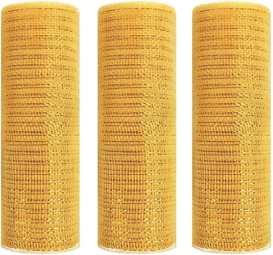 3 Rolls Gold Deco Mesh Ribbon for Wreath Making Supplies, 10 Inch x 30FT Metallic Foil Burlap Deco Mesh Fabric for DIY Crafts Christmas Tree Thanksgiving New Year Wreath Swags and Decorating