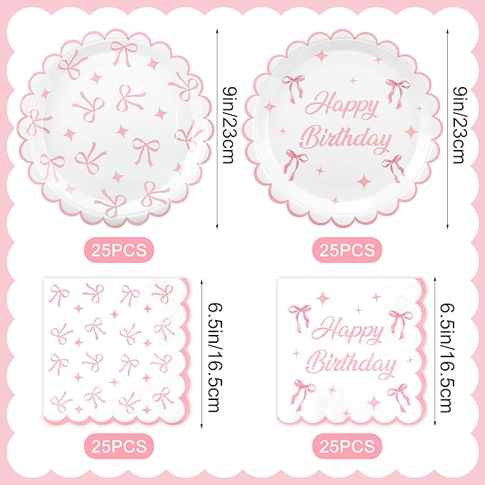 100PCS Pink Bow Party Plates and Napkins Pink Bow Birthday Tableware Set Coquette Birthday Party Supplies Serve 50 Guests for Women Birthdays Girl Bachelorette Coquette Tableware Supplies