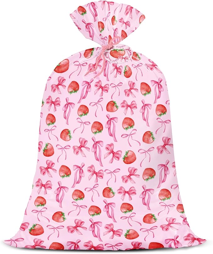 WRAPAHOLIC 56" Large Strawberry Bow Plastic Gift Bag - Pink Bow and Sweet Strawberry Jumbo Bike Bag Gift Wrap for Women Girls Birthday, Baby Shower, Wedding, Bridal Shower - 56" H x 36" W