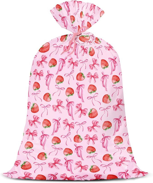 WRAPAHOLIC 56" Large Strawberry Bow Plastic Gift Bag - Pink Bow and Sweet Strawberry Jumbo Bike Bag Gift Wrap for Women Girls Birthday, Baby Shower, Wedding, Bridal Shower - 56" H x 36" W