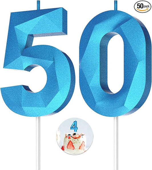 Number Birthday Candles(50 Candle Blue) 3D Diamond Shape Number Happy Birthday Cake Candles for Birthday Party Wedding Decoration Reunions Theme Party
