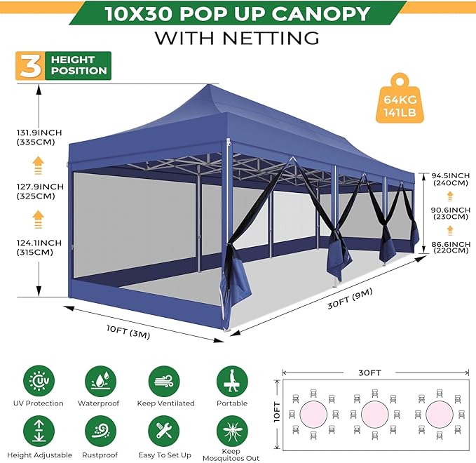COBIZI 10x30 Heavy Duty Pop Up Canopy with 8 Mosquito Netting Wall, Easy Set Up Commercial Gazebo Party Tent, Outdoor Instant Screen Canopy for Backyard, Patio, Garden, Dark Blue