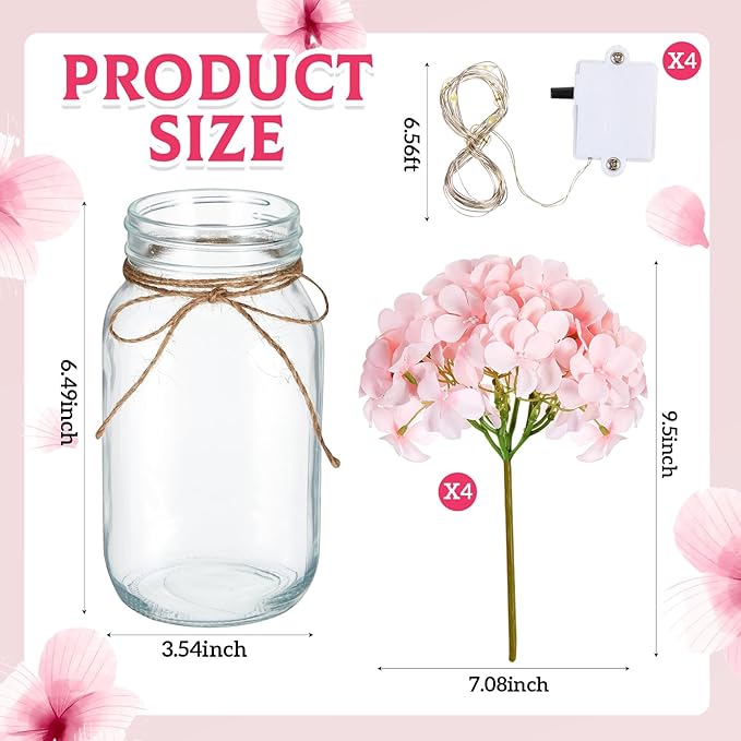 4 Sets Mason Jar Centerpiece with LED Lights and Pink Hydrangea Fake Flowers Vase for Wedding Bridal Shower Party Coffee Table Decor
