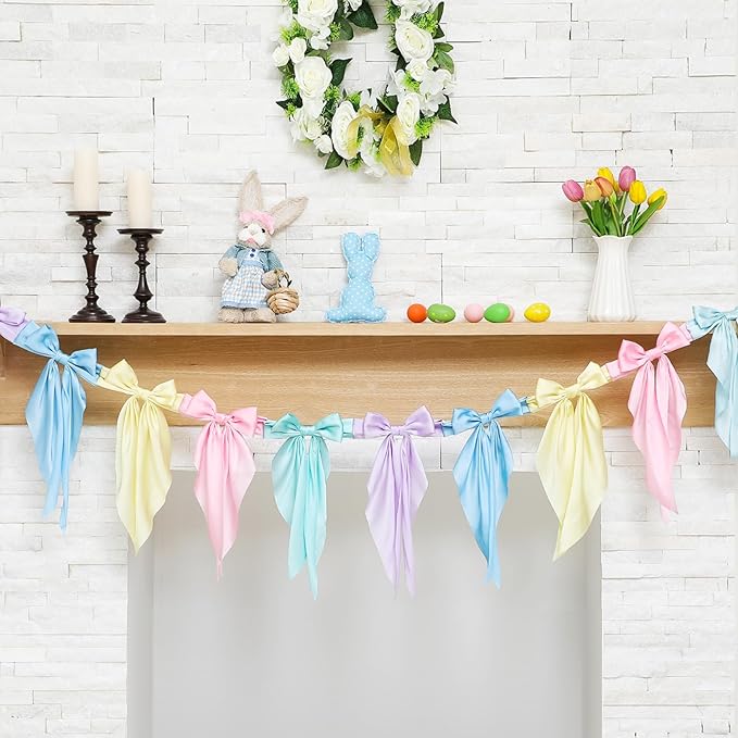 VitalCozy 1 Pcs Pastel Bow Garland Banner - Silk Satin Ribbon Hanging Party Bow Garland Decoration for Summer Birthday Baby Shower Wedding Party Supplies