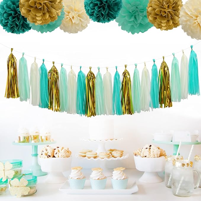 Teal-Blue Mint Beige-Gold Party-Decorations Tassel-Garland -20pcs Rustic Wedding Tassels Banner Streamers,Women Birthday Bachelorette Engagement Decor Panduola