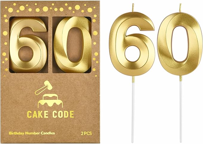2.76 Inch Diamond Gold 60 Number Birthday Candles, Gold Number Candles, Cake Number Candles, Party Celebration