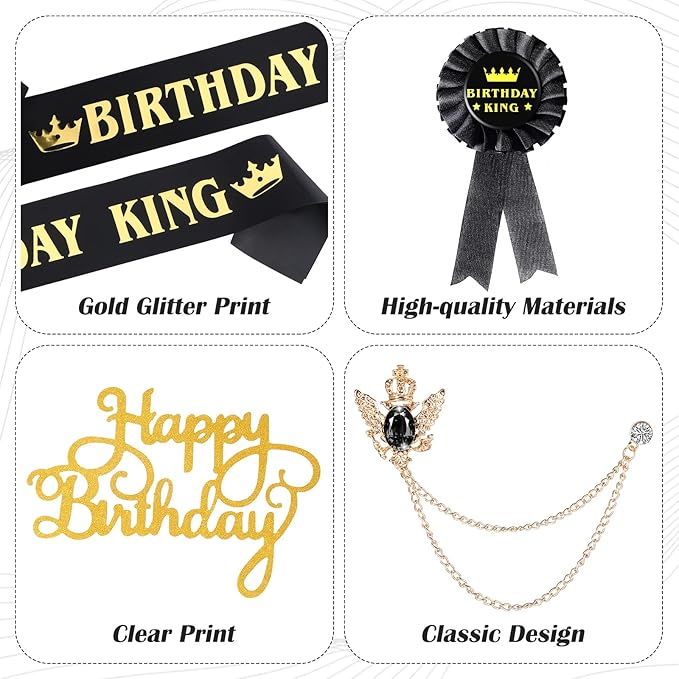 Junkin 5 Pieces Birthday Man Accessories Include King Crown King Sash Tinplate Badge Pin Brooch Hanging Chain Crown for Man Birthday Party (Vivid Style,Small)