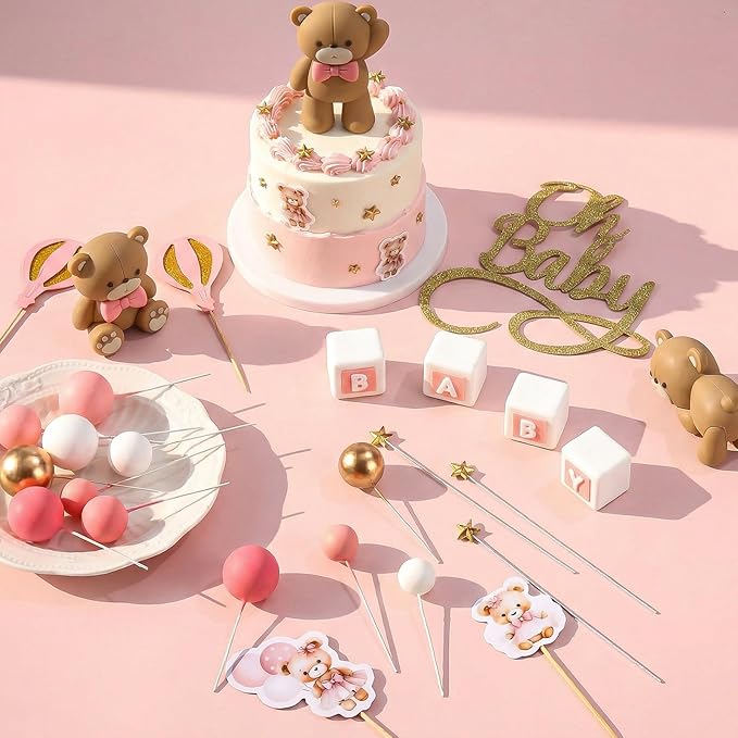 Beeveer 42 Pcs Bear Cake Toppers Bear Balls Cake Decorations Baby Shower Cupcake Toppers Candle Decorations Supplies for Birthday Party Wedding Baby Shower(Pink)