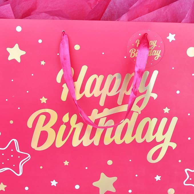 ZGORENDZ 14'' Large Gift Bag Gold Foil Happy Birthday Party Bag with Tissue Paper, Card, Envelope, Gift Tag for Birthday