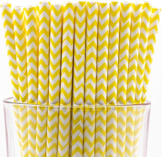 Pack of 150 Yellow Chevron Biodegradable 4-Ply Paper Drinking Straws (Compostable, Non-toxic, BPA-free)