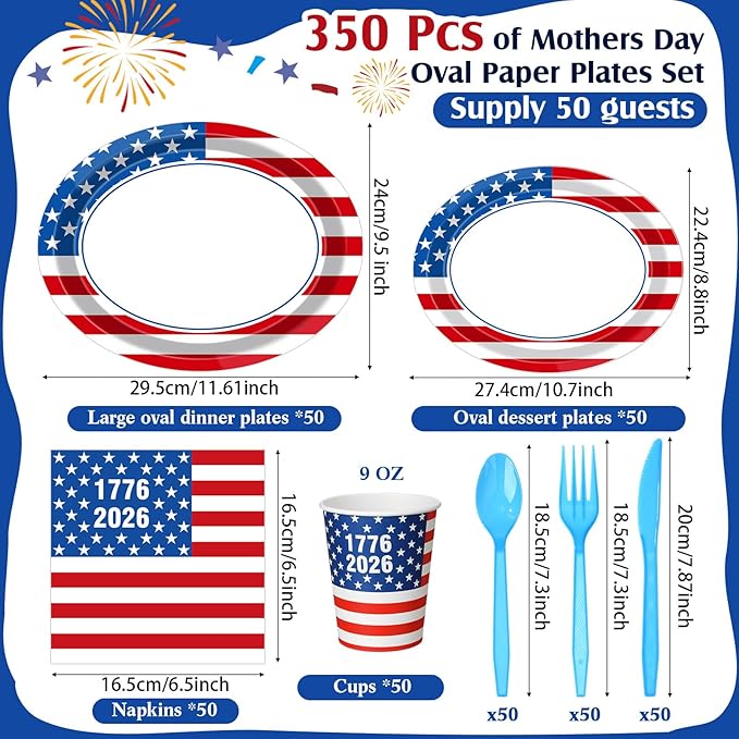 Pajean 350 Pcs 4th of July Party Decorations 12 inch Disposable Patriotic Oval Plates and Napkins Heavy Duty American Flag Paper Tableware Set for 50 Guests 250th Independence Party Supplies