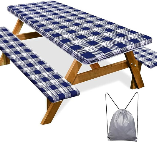 Picnic Table Cover with Bench Covers Camping Essentials Waterproof Windproof Camping Tablecloth with Drawstring Bag, Fitted Rectangle Tables and Seats, 72in, Blue Checkered