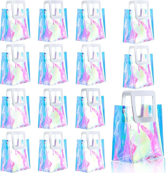 GcFoir Small Iridescent Gift Bags with Handles,15 Pcs 8.3''x8''x4'' Holographic Bachelorette Party Favor Bags, Clear Gift Bags with Handles, Reusable PVC Tote Goodie Bags for Shopping, Baby Showers