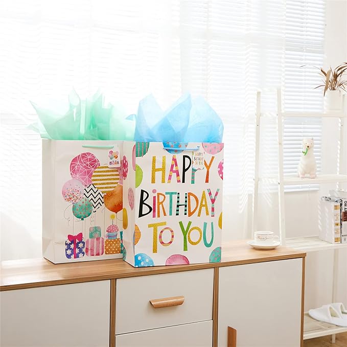 SUNCOLOR 16" Extra Large Gift Bags for Birthday Party with Tissue Paper(2 Pack, Balloon)