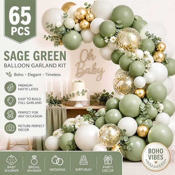Sage Green Balloons Garland Kit 65 Pack – Boho Eucalyptus Green, Gold, White & Sand Latex Balloons for Baby Shower, Wedding, Bridal Shower, Birthday Balloon Arch Decorations
