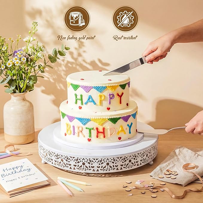 Wenqik 16 Inch White Cake Stand Set Metal Round Cupcake Dessert Stand with Cake Cutting, Spatula Wedding Cupcake Pastry Display Candy Holder Display for Wedding Party Birthday Baby Shower(Classic)