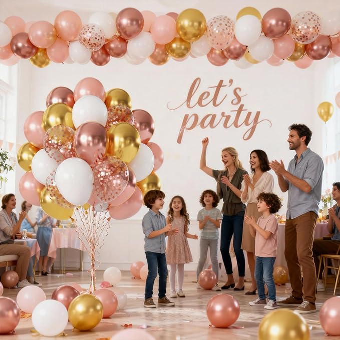 Rose Gold Balloons, 50pcs 12inch White Rose Gold Confetti Latex Balloon and Rose Metallic Balloons with Rose Gold Ribbons for Birthday Party Wedding Bridal Shower Decorations