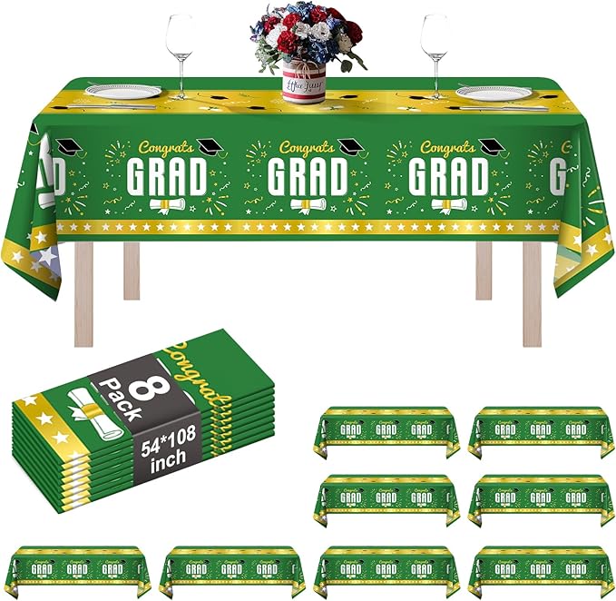 8 Pack Graduation Plastic Tablecloth 54" x 108" Disposable Table Cloths for 6 to 8 Foot Tables Cover for Class of 2026 Parties Decorations Supplies (Graduation Green Gold, Rectangle)