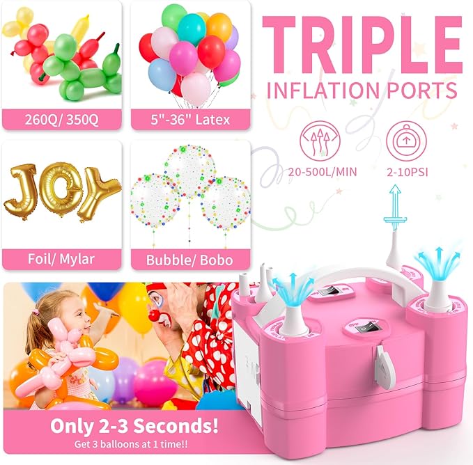 Balloon Pump 3-in-1 Electric Air Pump for All Balloons& Inflatables, Triple Inflating Ports for Latex 260q Foil Mylar Balloon Inflation, Quick-Fill Inflator Deflator for Pool Floats Air Beds