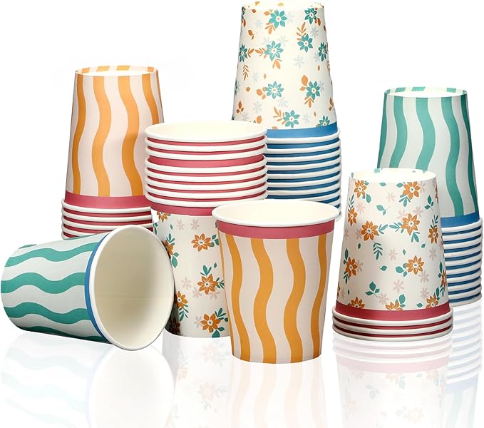 Yungyan 48 Pcs Italian Summer Paper Cups Italian Summer Bachelorette Party Supplies 9 oz Stripe Wavy Floral Cups Last Toast Coast Decorations for Beverage Birthday Bridal Shower Party Favors