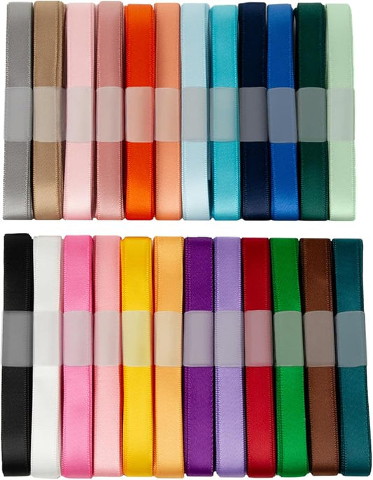 Satin Ribbon 3/8 Inch Thin Ribbon 48 Yards Assorted Colorful Bulk Ribbon Pack, Double Faced Satin Ribbon Set, Thick Silk Fabric Ribbons for Crafts, Christmas Gift Wrapping, Hair Bows Making, Sewing