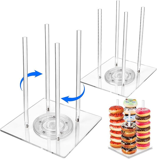 2 Pack Acrylic Donut Stand with Lazy Susan Turntable Tower Stand, Includes 2 Rotating Bases and 8 Support Rods, Perfect for Dessert Tables, Birthday, Wedding, Baby Shower, Party (2 Pack)